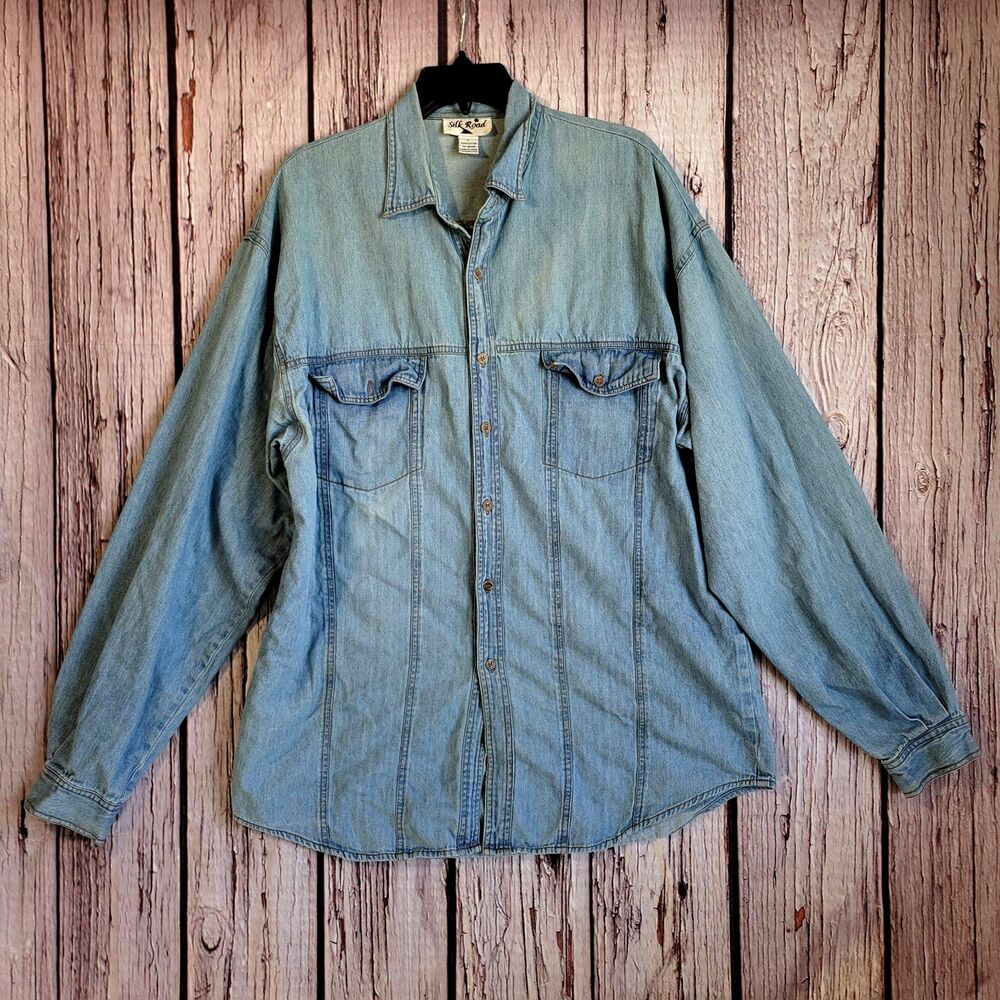 Light-Wash Denim Shirt 1980s VTG Western Double Breasted Flap Pockets Mens Large
